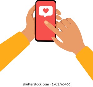 Illustration concept of addiction to social networks and blogs. Hand with Like icon vector. Love on social networks, relationships at a distance. Vector illustration