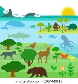 Illustration concept of animals in the world, flora and fauna. Silhouettes of animals.