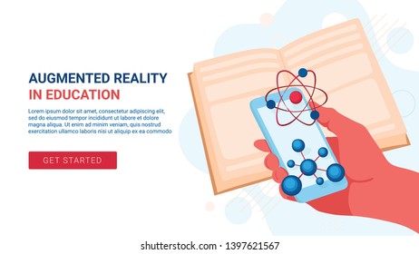 Illustration concept for augmented reality mobile application that let's you learn chemistry at school or university. Landing page web banner.