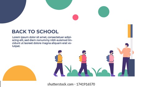 illustration concept back to school and social distancing. children or students return to school after the corona virus or covid-19 outbreak. flat design. can be used for elements, landing pages, UI.