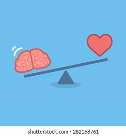 Illustration of the concept of balance between logic and emotion. Cartoon brain and heart on a scale. Simple and modern flat vector style. 