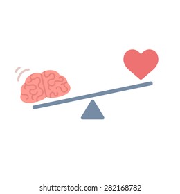 Ilustración del concepto de equilibrio entre lógica y emoción. Cerebro de caricatura y corazón a escala. Sencillo y moderno estilo vectorial plano, aislado en fondo blanco. 
