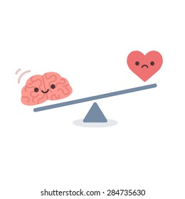 Illustration of the concept of balance between logic and emotion. Cartoon brain and heart with cute faces on a scale. Simple and modern flat vector style, isolated on white background. 