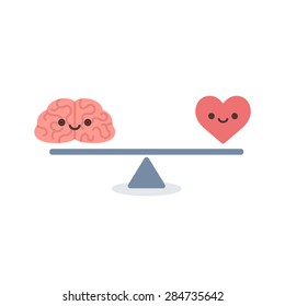 Illustration of the concept of balance between logic and emotion. Cartoon brain and heart with cute faces on a scale. Simple and modern flat vector style, isolated on white background. 