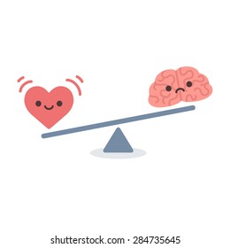 Ilustración del concepto de equilibrio entre lógica y emoción. El cerebro de la caricatura y el corazón con caras lindas a una escala. Sencillo y moderno estilo vectorial plano, aislado en fondo blanco. 