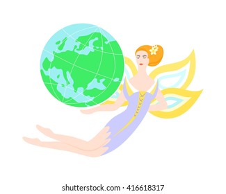 Illustration - concept - with beautiful fairy, who is holding a globe.