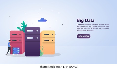 Ilustración del concepto de big data con la persona que está presionando el servidor.