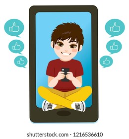 Illustration concept of boy using smartphone on social media giving thumbs up