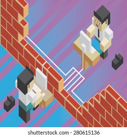 Illustration of the concept of a broken brick wall between two workers, in isometric old video game style. The grunge texture is removable from the background. 