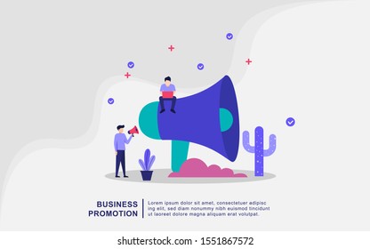 Illustration concept of Business Promotion with tiny people. Marketing strategy, business advertising. Flat design concept for landing page, presentation, marketing resource