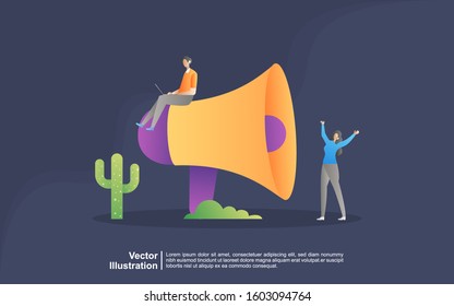 Illustration concept of Business Promotion with tiny people. Marketing strategy, business advertising. Flat design concept for landing page, presentation, marketing resource