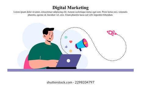 Ilustración de un empresario haciendo marketing digital para su negocio.