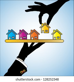 Illustration concept of Buying Home or Buying House - Customer Selecting a bright colored House of his/her choice from a set of different houses offered to him  by the real estate agent