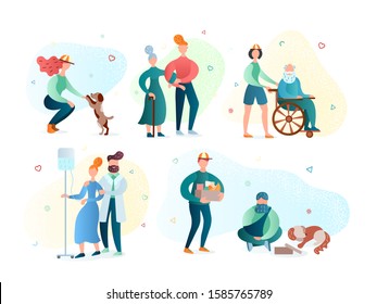Illustration concept care for the elderly, sick and disabled people. The volunteer movement, volunteers help.
