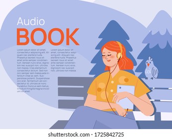 Illustration concept of cartoon vector of women listening audio book with headphones. 