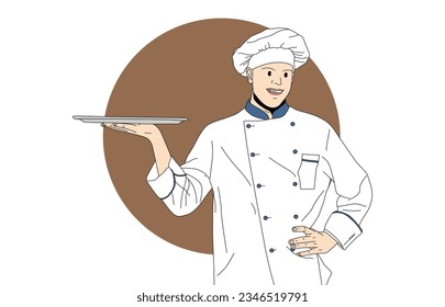 illustration concept. illustration of a Chef professional holding an empty dish.  cooking, culinary, and people concepts.