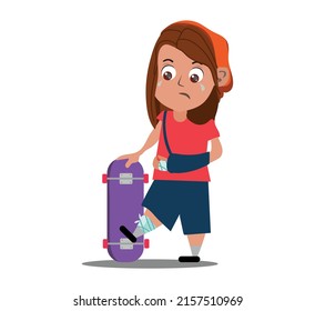 illustration concept of a child who fell off the skateboard, girl with broken arm, child with injured leg.