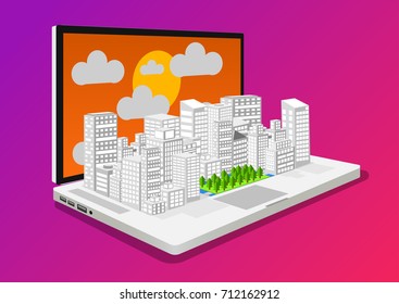 Illustration Concept of  City with buildings and green zone in Laptop sunset background 