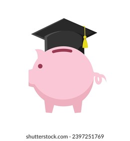 illustration with the concept of a college savings plan with a piggy bank wearing a graduation cap, vector illustration in flat style