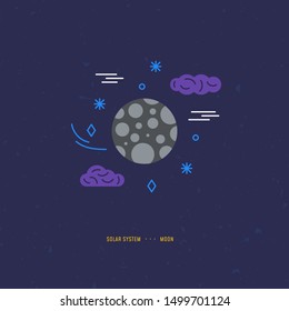 Illustration concept in colorful vector style. Solar System element. Moon with stars and clouds. Piece for banner, web, app, flyer. Print and digital design.