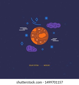 Illustration concept in colorful vector style. Solar System element. Mercury with stars and clouds. Piece for banner, web, app, flyer. Print and digital design.