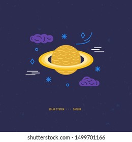 Illustration concept in colorful vector style. Solar System element. Saturn with stars and clouds. Piece for banner, web, app, flyer. Print and digital design.
