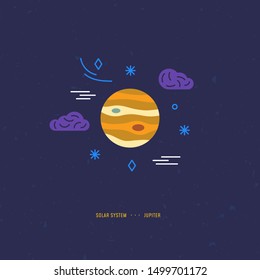 Illustration concept in colorful vector style. Solar System element. Jupiter with stars and clouds. Piece for banner, web, app, flyer. Print and digital design.