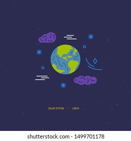 Illustration concept in colorful vector style. Solar System element. Earth with stars and clouds. Piece for banner, web, app, flyer. Print and digital design.