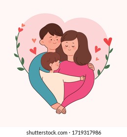 Illustration of the concept to commemorate the family month. A happy family is hugging and smiling. Heart frame.
