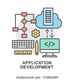 Illustration concept of a communication platform and application development. The thin contour lines with color fills on white background.