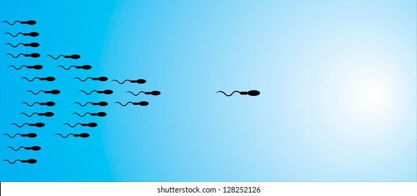 illustration concept of competition and winning using human sperm - One sperm leads the way towards bright light while others try to follow or compete