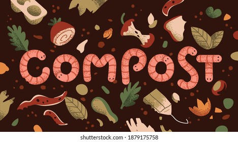 Ilustración del concepto de compost, incluida la tipografía hecha de lombrices de tierra, hojas, cartón y desechos de alimentos