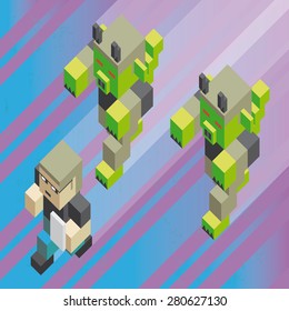 Illustration of the concept of a computer virus pursuing a geek, in isometric old video game style. The grunge texture is removable from the background.