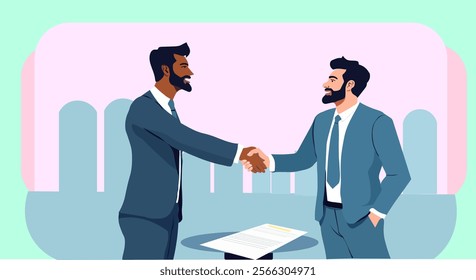 Illustration concept of concluding a contract, business negotiations, insurance. Two male businessmen shake hands, make a deal, sign a contract. Clipboard with agreement, contract