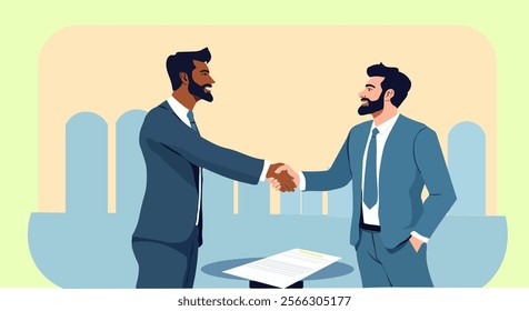 Illustration concept of concluding a contract, business negotiations, insurance. Two male businessmen shake hands, make a deal, sign a contract. Clipboard with agreement, contract