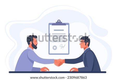 Illustration concept of concluding a contract, business negotiations, insurance. Two male businessmen shake hands, make a deal, sign a contract, an insurance policy. Clipboard with agreement, contract