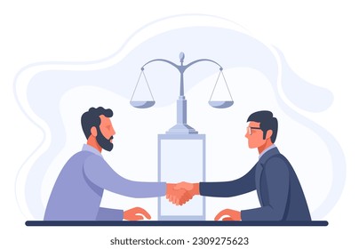 Illustration concept for concluding a contract, insurance, business negotiations, services of a lawyer, lawyer, notary, insurance agent. Two men shake hands to make a deal on the background of scales.