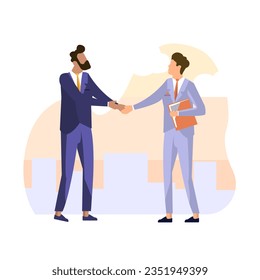 Illustration concept for concluding a contract, insurance, business negotiations, services of a lawyer, lawyer, notary, insurance agent. Two men shake hands to make a deal .