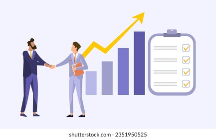 Illustration concept for concluding a contract, insurance, business negotiations, services of a lawyer, lawyer, notary, insurance agent. Two men shake hands to make a deal on the background of scales.