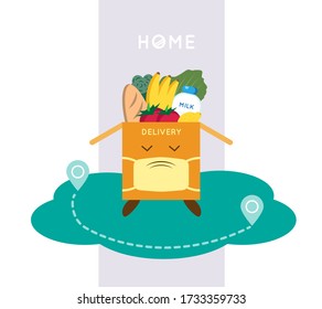 Illustration of the concept of contactless delivery. Contactless food delivery to the door of the house.