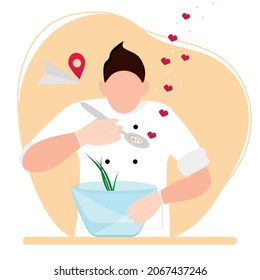  Illustration of the concept of cooking and tasting. A male chef cooks in the kitchen with soul and love, the location of the restaurant, cafe. Vector illustration in a flat style isolated on a white