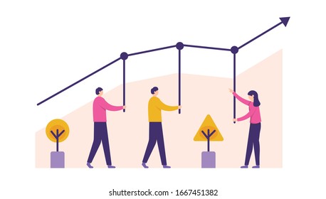 illustration of the concept of cooperation. a group working together to increase the company's financial income. graph of income, profits, mutual cooperation. flat design.