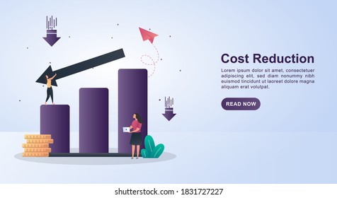 Illustration Concept of cost reduction with a decreasing graph and less money.