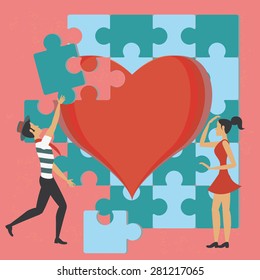 Illustration of the concept of a couple solving the puzzle of love. The grunge texture is removable from the background.