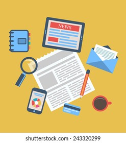 Illustration concept of creative office workspace, workplace, modern flat icons - vector