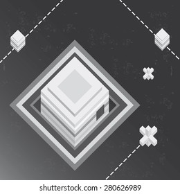 Illustration of the concept of a cubic planet in black and white, in isometric old video game style. The grunge texture is removable from the background.