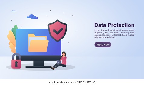 Illustration Konzept des Datenschutzes mit einem Vorhängeschloss und Sicherheitssymbol oben.
