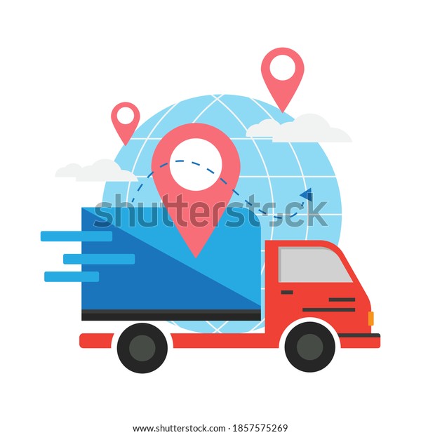 illustration of the concept of delivery of\
goods, cargo truck. location track map.\
vector