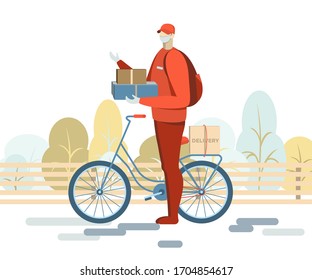 Illustration concept of delivery service on epidemic. Covid-19. Corier in a medical face mask. Man with a box in his hands. Quarantine. Flat vector style.