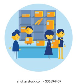 Illustration Concept for Delivery Service, Receiving Package from Courier to Customer isolated on bright background. Flat designl colorfu vector.